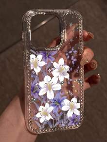 1 pieza Funda de teléfono de moda de lujo con rhinestones y estampado de lirio morado, cubierta transparente con borde brillante y protección contra golpes, adecuada para iPhone 17 Pro Max, 17 Air, 16, 15, 14 Plus, 13, 12, 11, regalo de Navidad, regalo para amigos y familiares - transparente - Ver 6