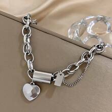 Punk Chunky Golden Color Thick Chain Stainless Steel Bracelets Fashion Design Heart Love Pendant Wrist JewelryNew Year's Gifts Valentine's Day Gifts - 銀色 - 查看 2