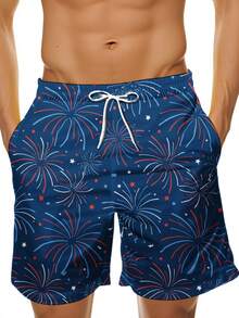 Men's Fireworks Print Swim Trunks Quick Dry Beach Shorts With Drawstring Elastic Waistband For Summer Vacation And Pool Party - 彩色 - 查看 1