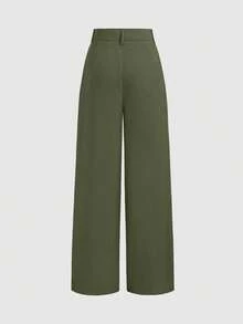Pantalón tipo mono de diseño minimalista Vela Rue, con cierre de gancho y cremallera, de pierna recta en tejido de poliéster fino, color negro sólido, silueta favorecedora de pierna ancha, d - Verde militar - Ver 2