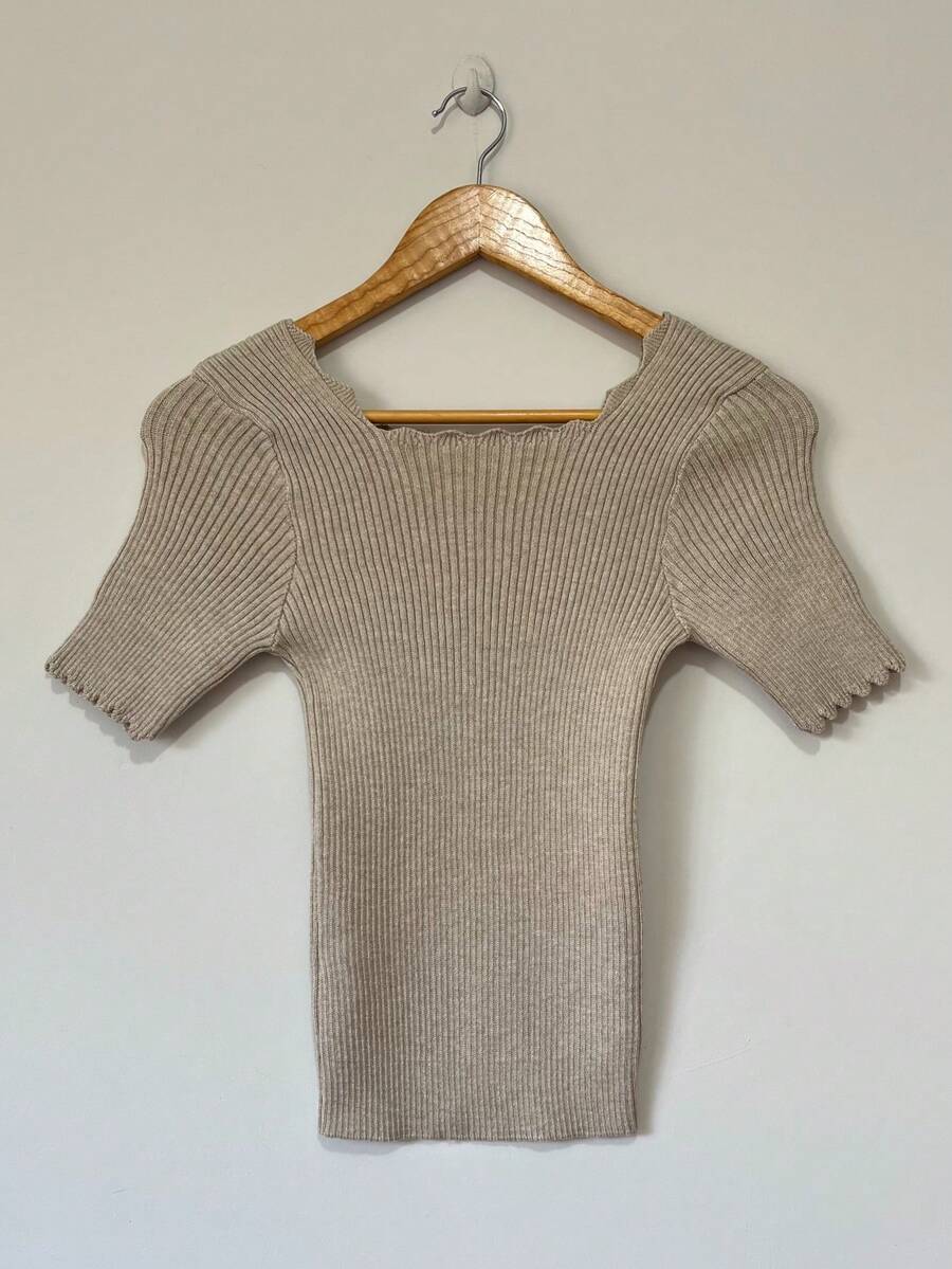 Women's Romantic Ribbed Modal Knit Blouse With Square Neckline And Short Sleeves. - Sand - View 1
