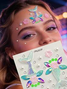 1pc Mermaid Tail Holographic Face Jewel Sticker, Laser Fish Scale Pearl Sakura Design, Waterproof Long-Lasting Bindi, Decor For Beach Vacation/Music Festival Makeup, Dreamy Mermaid Style Face Gems,Concert Look,Rhinestone Face Sticker - Multicolor - View 13