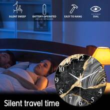 Large Black Marble-Patterned Glass Wall Clock, 12-24inch Luxurious Round Quartz Clock, Silent Battery-Powered, Handmade, Modern Living Room Decoration, Suitable For Living Room, Bedroom, Office Decoration, Holiday Gift - 1PC - View 8