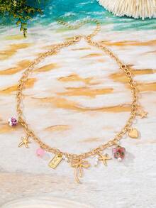 1pc Personalized Bowknot/Heart/Starfish Pendant Niche Design Necklace With Faux Pearl And Enamel Ceramic Beads, Versatile For Women To Wear To Party Or Daily - Multicolor - View 4