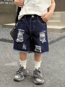 Boys' Casual Straight Leg Denim Shorts, Fashion Campus Style Streetwear - Dark Wash - View 2
