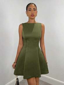 Vestido elegante de unicolor con cintura ceñida y sin mangas para mujer, adecuado para el otoño - Verde militar - Ver 4