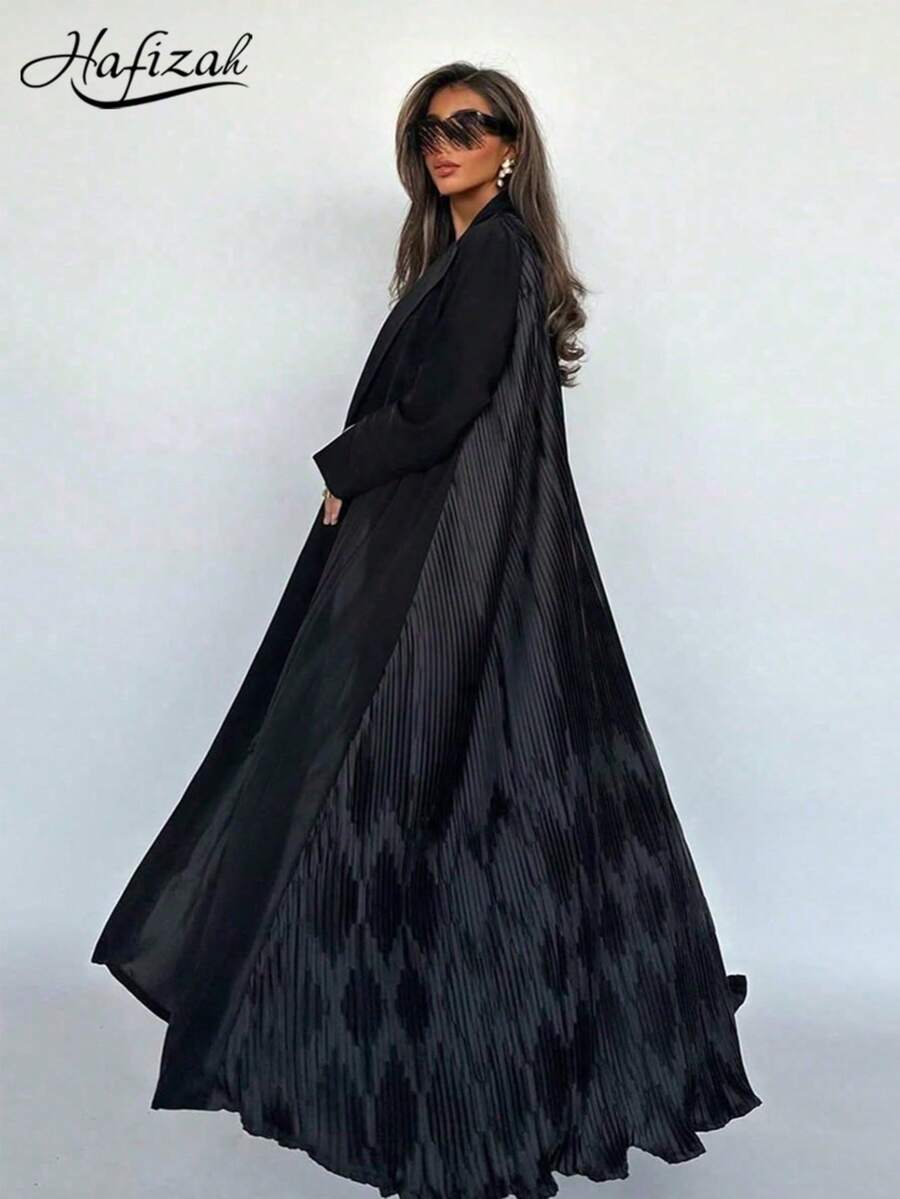 Hafizah Chaqueta abaya de moda modesta, bata larga negra con textura arrugada, diseño minimalista pero elegante, adecuada para cualquier ocasión en primavera - Negro - Ver 1
