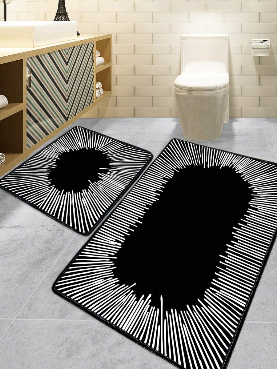 2-Piece Solid Color Non-Slip Bathroom Mat Set, Soft Absorbent Bath Rug & U-Shaped Toilet Floor Mat - 60*100 And 50*60 - Made In Turkey - màu đen - Xem 1