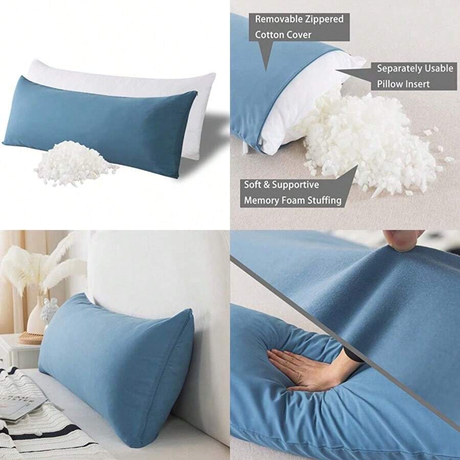 WhatsBedding Almohada corporal de espuma viscoelástica con funda de algodón transpirable con cierre almohada de cuerpo completo para adultos almohada larga para dormir almohada firme esponjosa - Azul niebla - Ver 1
