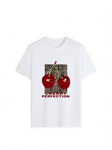 女士夏季新款豹纹、樱桃图案和字母印花圆领短袖T恤，休闲宽松百搭上衣，时尚日常穿着 - 白色 - 查看 3