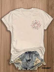 Women's Patriotic Fireworks & American Flag Print T-Shirt, Double-Sided Design, Perfect For 4th Of July Celebrations, Casual Fashion Graphic Tee, Festival Outfit, Soft Cotton Blend Comfortable Cotton T-Shirt - Màu be - Xem 2