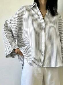 Women's Polyester Striped Drop Shoulder Long Sleeve Collared Shirt, Front Button Design, Regular Length, Non-Stretch Fabric Top - Black and White - View 3