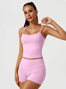 NcmRyu Women's Halter Backless Yoga Top & Booty Shorts Set, Naked Feel Yoga Outfit, Fitness Sports Suit - Hồng - Xem 8