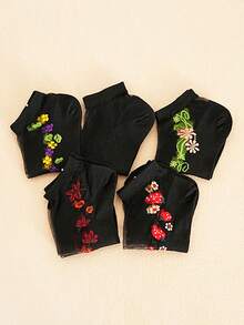 1/5 Pairs Random Women's Short Socks, Black Crystal Silk Embroidered Floral Pattern Glass Silk Thin Breathable Moisture-Wicking Fashion Socks, Suitable For Daily Wear - Multicolor - View 6