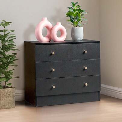 Black 4 Drawer Dresser For Bedroom, Modern Wood Dresser Chest Of Drawers, Rustic Bedroom Dressers Nightstand, Anti-Tipping Device, Rose Gold Metal Handle, Living Room, Hallway, Office