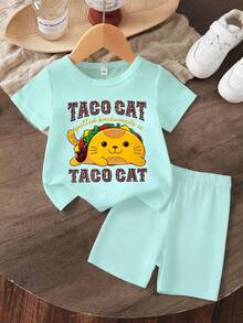2pcs/Set Young Girls' Casual Cartoon Print Short Sleeve T-Shirt And Minimalist Print Shorts Set, Suitable For Summer Outings - Green - View 3