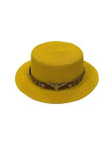 1pc Women's Straw Brimless Boho Flat Top Straw Hat, Summer Beach Sun Hat For Outdoor Travel, Sun Protection,Holiday,Festival - MZ3080+ML42 - View 21