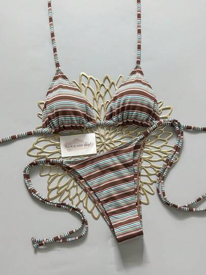 2pcs/Set New Spring/Summer Halter Tie Bohemian Elegant Beach Resort Fashion Women Striped Casual Bikini Set Set Vacation