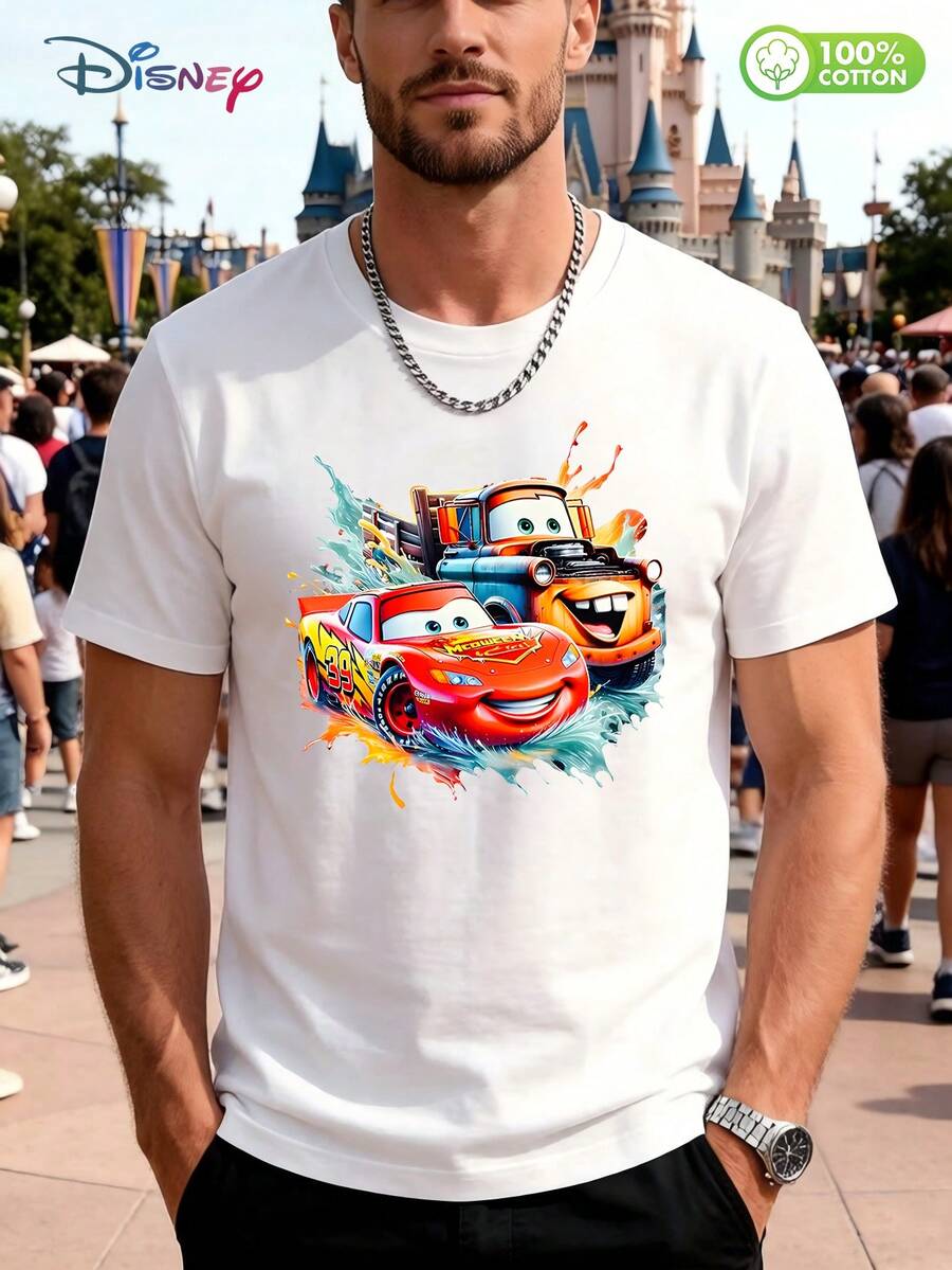 Men's 100% Cotton Disney Cars Mud Splash Lightning McQueen & Mater Retro Casual T - Shirt - 白色 - 查看 1