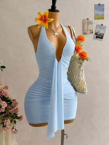 Vestido mini casual de vacaciones para mujer con escote en V profundo, cuello halter con lazo, y drapeado.Adecuado para la playa, cruceros y festivales de música en verano - Celeste - Ver 7