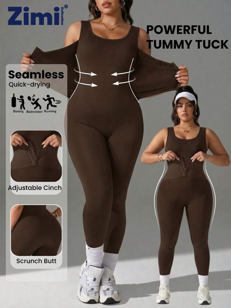 Zimi Collection Combinaison gainante sans couture grande taille | Body de sport noir avec boucle avant réglable, contrôle du ventre et de la taille, pour la gym, le port quotidien et sous les robes