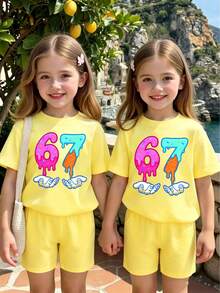 Young Girl Digital Pattern Print Short Sleeve Round Neck T-Shirt And Casual Shorts Set - Yellow - View 2