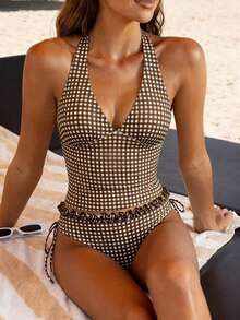 Swim Vcay Summer Women Tankinis 2 Piece Set, Coffee Plaid Print Ruffle Halter Neck Tie Top, Drawstring Side Ruched Bikini Bottom Swimsuit - Multicolor - View 10