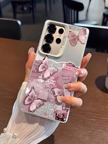 适用于三星 Galaxy S25/S24/S23/S22 Ultra（国际版，非国内版）全系列，防摔防刮磨砂 TPU 材质手机壳，甜美粉色蝴蝶拼贴风格，复古报纸蝴蝶印花，温柔少女粉色蝴蝶磨砂银色手机壳 - 彩色 - 查看 1