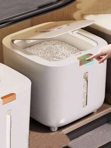 1pc 10lb/20lb Rice Storage Container, Airtight Moisture-Proof Rice Bucket, Household Rice Bin, Flour Canister, Grains & Pet Food Storage, Kitchen Organizer - White - View 1