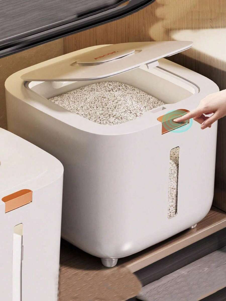 1pc 10lb/20lb Rice Storage Container, Airtight Moisture-Proof Rice Bucket, Household Rice Bin, Flour Canister, Grains & Pet Food Storage, Kitchen Organizer - White - View 1
