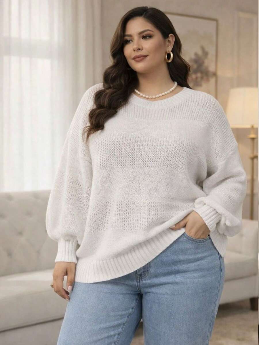 Plus Size Thick Knit Sweater, Large Size - White - View 1