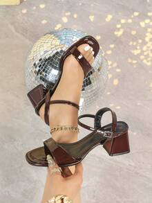 7厘米棕色粗跟尖头套脚高跟鞋，适合派对、正式场合穿着 - 棕色 - 查看 1