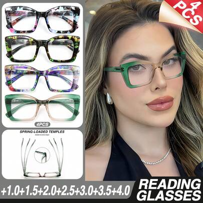 4pcs Large Frame Cat Eye Reading Glasses, Trending Leopard Print Design, With Comfortable Spring Hinges, Suitable For Men And Women Daily Wear