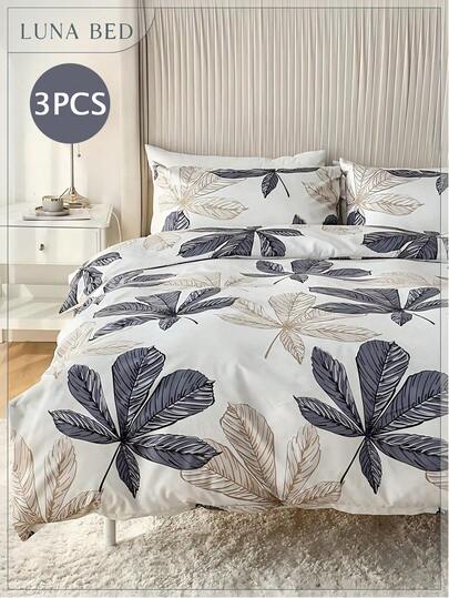 3pcs Leaf Pattern Polyester Printed Duvet Cover And Pillow Case Set