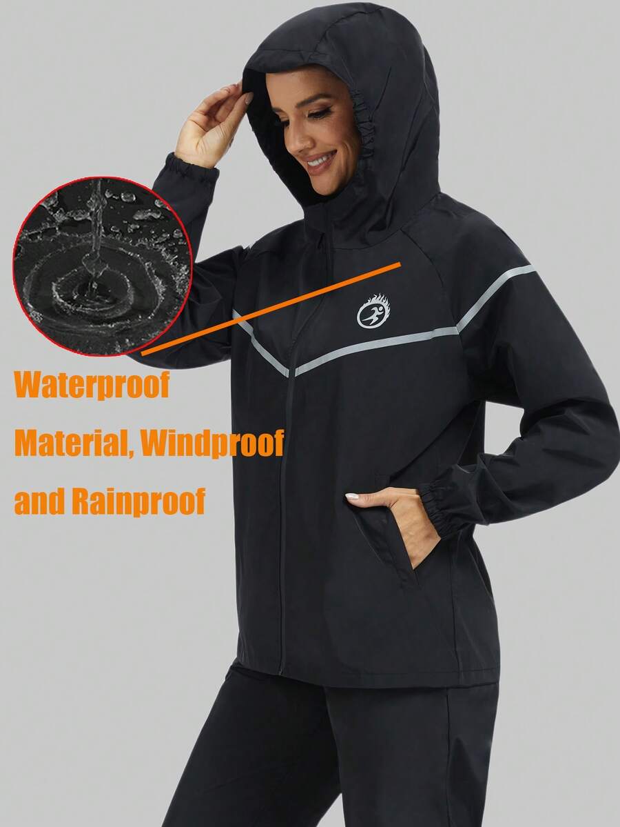 1PC Women Rain Jacket Windbreaker Waterproof Raincoat Long Sleeves Zipper Pocket For Cycling Running Hiking Gear Hood - Black - View 1