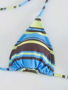 Women's Minimalist Chic Two Pieces Swimwear Set, Striped Print Halter Tie Bikini Beach, Vacation, Date, Spring/Summer New Arrival TLYK - Cà phê sọc xanh - Xem 2