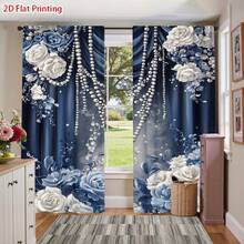 2PCS Blue And White Rose Curtains, Rose Pearl Pattern, With Pole Bag Design - Room Decoration, Suitable For Living Rooms, Offices, Cafes, Bathrooms - Home Decoration (Non Multi-Layer Curtains), Suitable For All Seasons, Decorative Curtains, 2D Plan,Excluding Straps - Multicolor - View 7