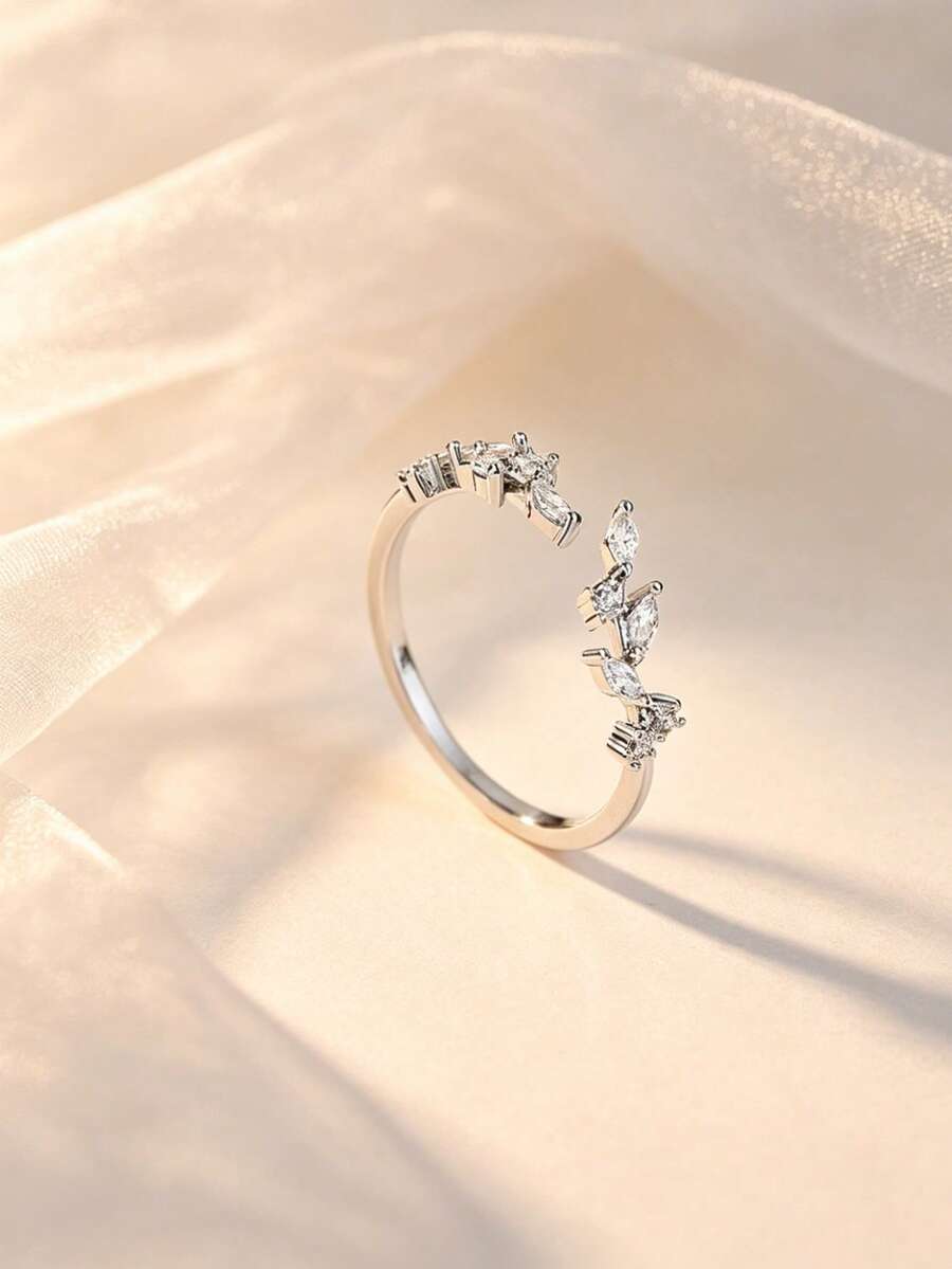 1pc Creative Olive Branch Zirconia Toe Ring, Korean-Style Micro-Inlaid Diamond Open Ring, Versatile And Simple Design - Silver - View 1