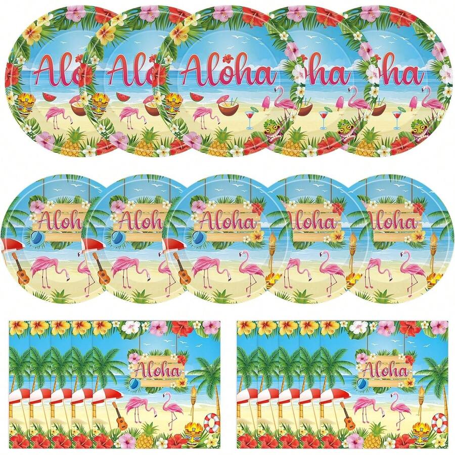 Juego de 40 piezas de decoraciones de fiesta Aloha, platos y servilletas hawaianos, platos de papel de postre tropicales Luau, servilletas de flamenco, vajilla desechable para decoración de - 1 - Ver 1