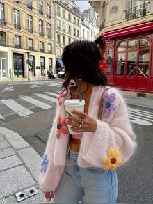Plus Size 2026 Autumn/Winter Soft Wool Knit Sweater, Slouchy Cardigan With Colorful Floral Embroidery Pink Vacation - Pink - View 6