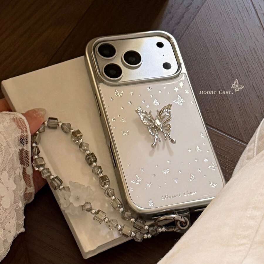 GUCADI 银边 3D 银蝴蝶 + 灰色水晶挂绳，奢华风格，适用于 17 Pro Max、17、Apple 15，镀金银蝴蝶，14 英寸防摔，16 英寸带挂链，创意、几何、艺术、清新、小众、奢华风格、ins 风