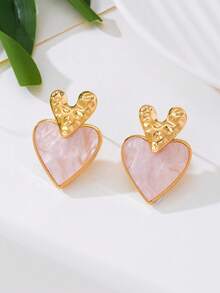 1 par de pendientes de botón con forma de corazón rosa vintage con textura, adecuados para bodas, fiestas y uso diario - Rosa - Ver 2