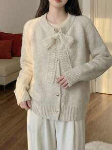 Women's Casual Bowknot Decor Raglan Sleeve Cardigan, Suitable For Halloween, Christmas, Chinese New Year - Apricot - View 9