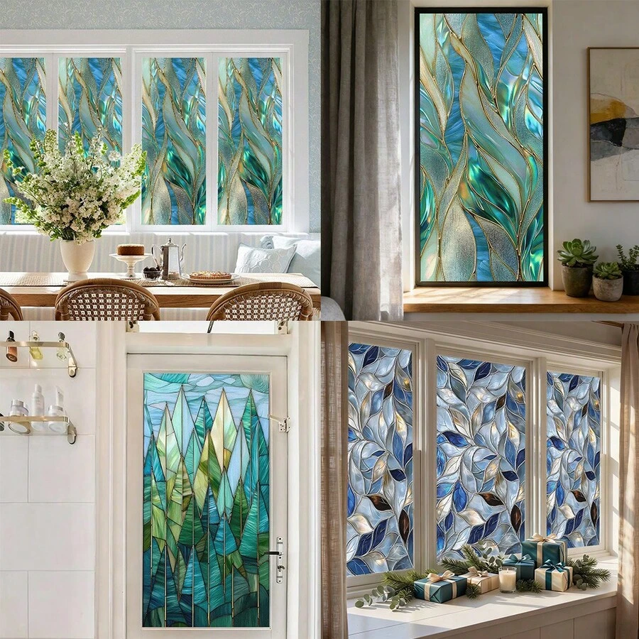 Colorful Glass Static Cling Window Film, Geometric Blue & Green Leaf Pattern Privacy Decorative Film, Removable No Glue Glass Sticker For Bathroom, Dining Room, Office Window Decor