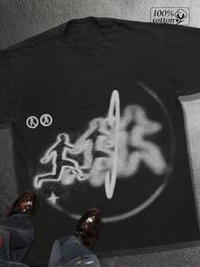 100% Pure Cotton Printed T-Shirt  X Logo Streetwear Graffiti Style Fashion Statement  Design S To 3XL Short-Sleeved Round Neck Casual Top Suitable For All Seasons Men's Wear - 黑色 - 查看 2