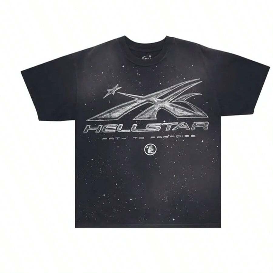 HELLSTAR Men's Path To Paradise Star Logo Graphic Oversized T-Shirt, Casual Cotton Short Sleeve Tee - 黑色 - 查看 1