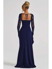 Women's Elegant Lace Slit Sexy Party Nightclub Holiday Wedding Long Dress - Navy Blue - View 4