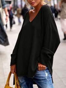 1 pieza Suéter de mujer de unicolor con hombros caídos, manga larga, cuello en V y bajo asimétrico con abertura, Negro, Primavera/Otoño/Invierno - Negro - Ver 3