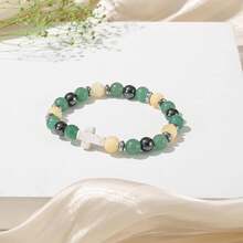 Pulseras de Abalorio para Mujer, Brazalete con dije de Cruz para mujer, Pulsera Cuentas Piedra Natural, Joyería de Regalo Para Cumpleaños, Pascua, bautizo, comunión, fiesta de bodas - Verde - Ver 6