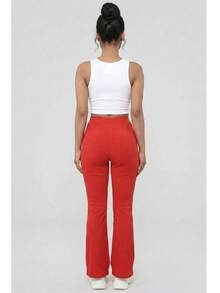 Women's Solid Color Rib Knit High Waisted Flare Pants For All Season Casual Basic Pants - Red - View 3